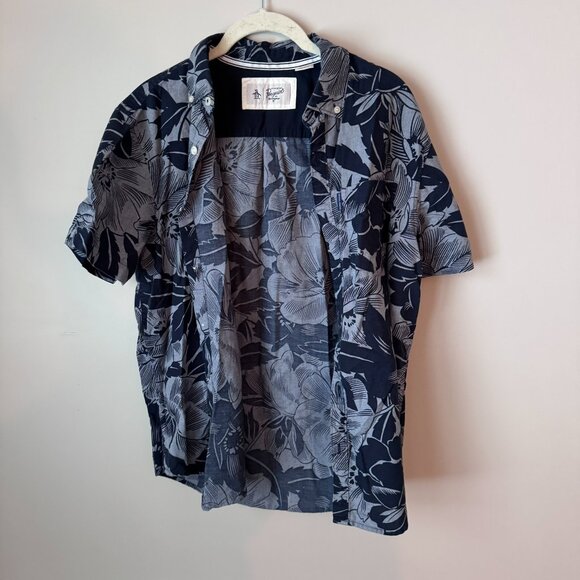 Penguin 70's Retro Indie Hawaiian Shirt Men's Button Down Blue Floral - Picture 5 of 11